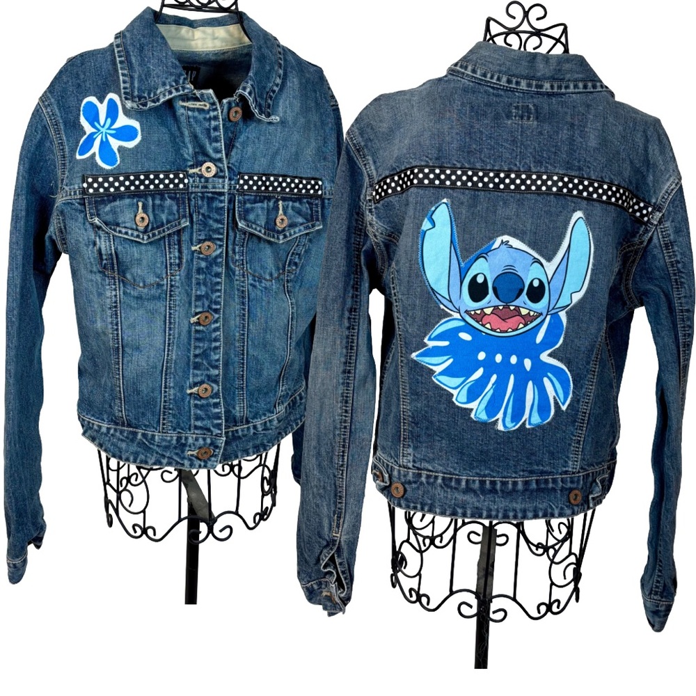 GAP‎ Blue Denim Jacket with Hand Crafted Lilo & Stitch Appliqué Girls Large